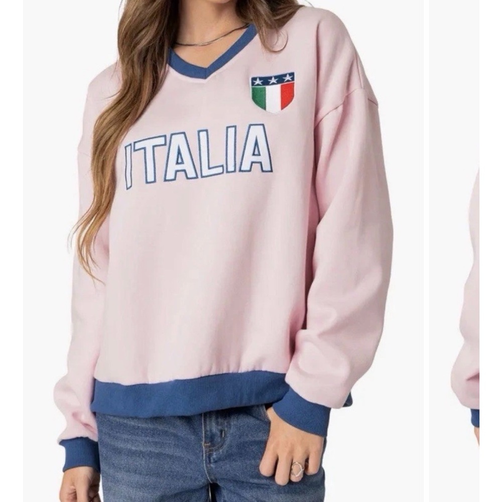 Edikted Pink and Blue Italia Crew Neck Sweater